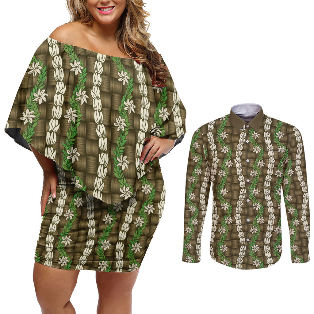 Pikake Maile Tiare Lei Couples Matching Off Shoulder Short Dress and Long Sleeve Button Shirt Natural Lauhala Pattern