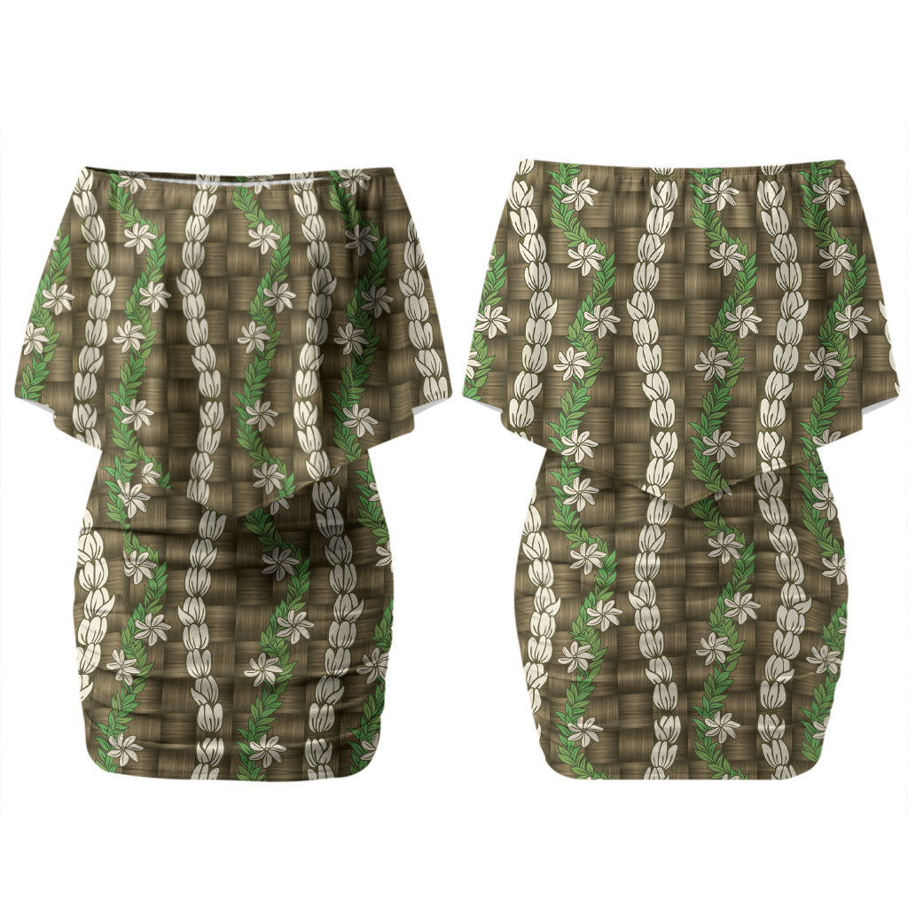 Pikake Maile Tiare Lei Couples Matching Off Shoulder Short Dress and Long Sleeve Button Shirt Natural Lauhala Pattern LT01 - Polynesian Pride