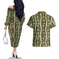 Pikake Maile Tiare Lei Couples Matching Off The Shoulder Long Sleeve Dress and Hawaiian Shirt Natural Lauhala Pattern