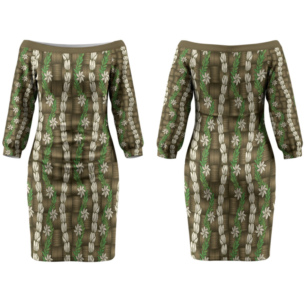 Pikake Maile Tiare Lei Couples Matching Off The Shoulder Long Sleeve Dress and Hawaiian Shirt Natural Lauhala Pattern LT01 - Polynesian Pride
