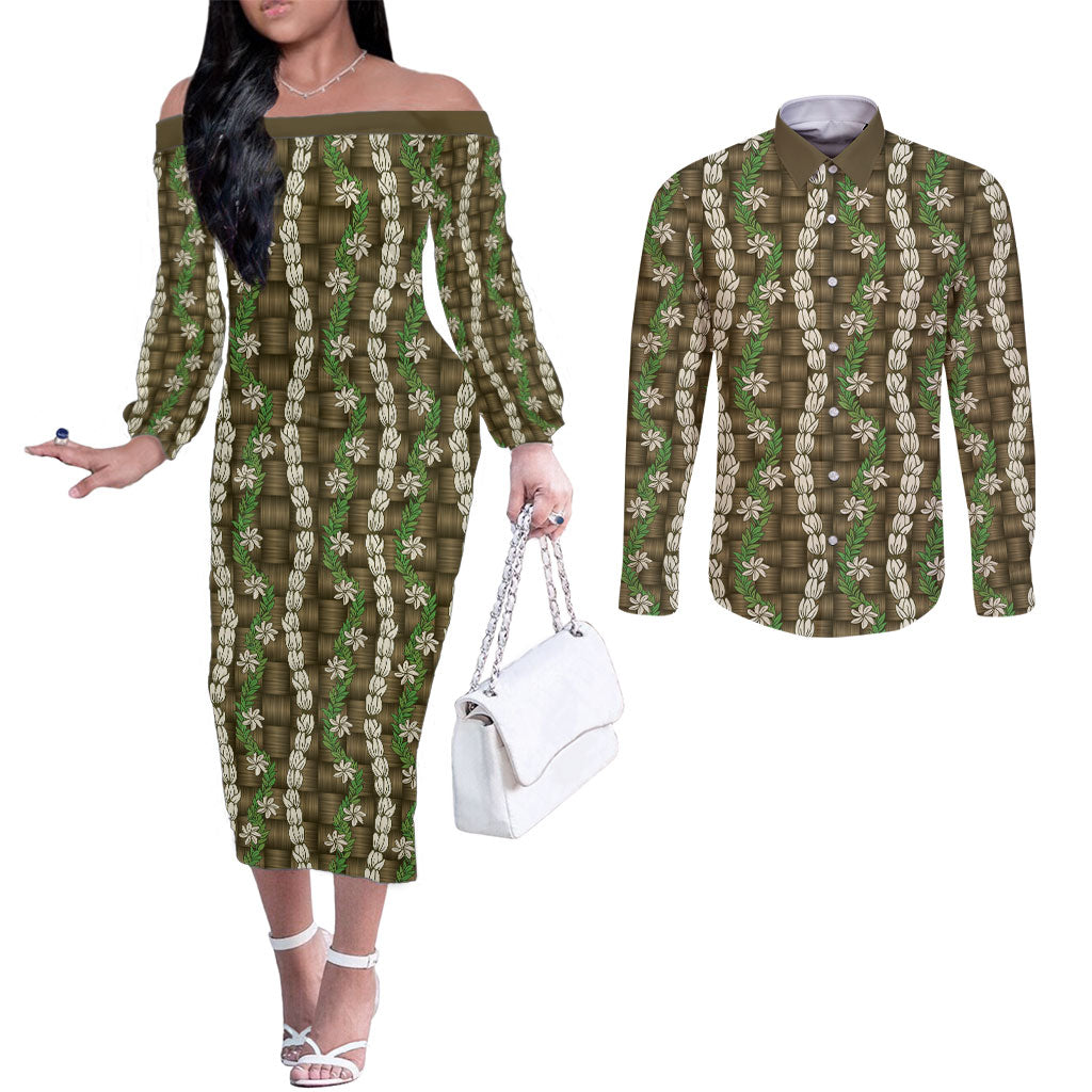Pikake Maile Tiare Lei Couples Matching Off The Shoulder Long Sleeve Dress and Long Sleeve Button Shirt Natural Lauhala Pattern LT01 Brown - Polynesian Pride