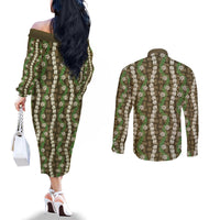 Pikake Maile Tiare Lei Couples Matching Off The Shoulder Long Sleeve Dress and Long Sleeve Button Shirt Natural Lauhala Pattern
