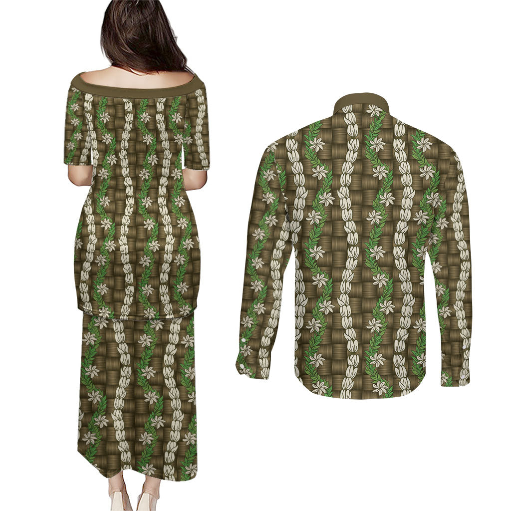 Pikake Maile Tiare Lei Couples Matching Puletasi and Long Sleeve Button Shirt Natural Lauhala Pattern