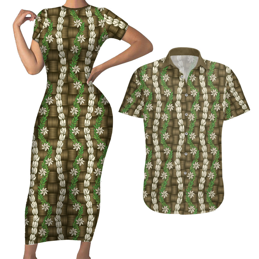 Pikake Maile Tiare Lei Couples Matching Short Sleeve Bodycon Dress and Hawaiian Shirt Natural Lauhala Pattern LT01 Brown - Polynesian Pride