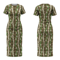 Pikake Maile Tiare Lei Couples Matching Short Sleeve Bodycon Dress and Hawaiian Shirt Natural Lauhala Pattern LT01 - Polynesian Pride