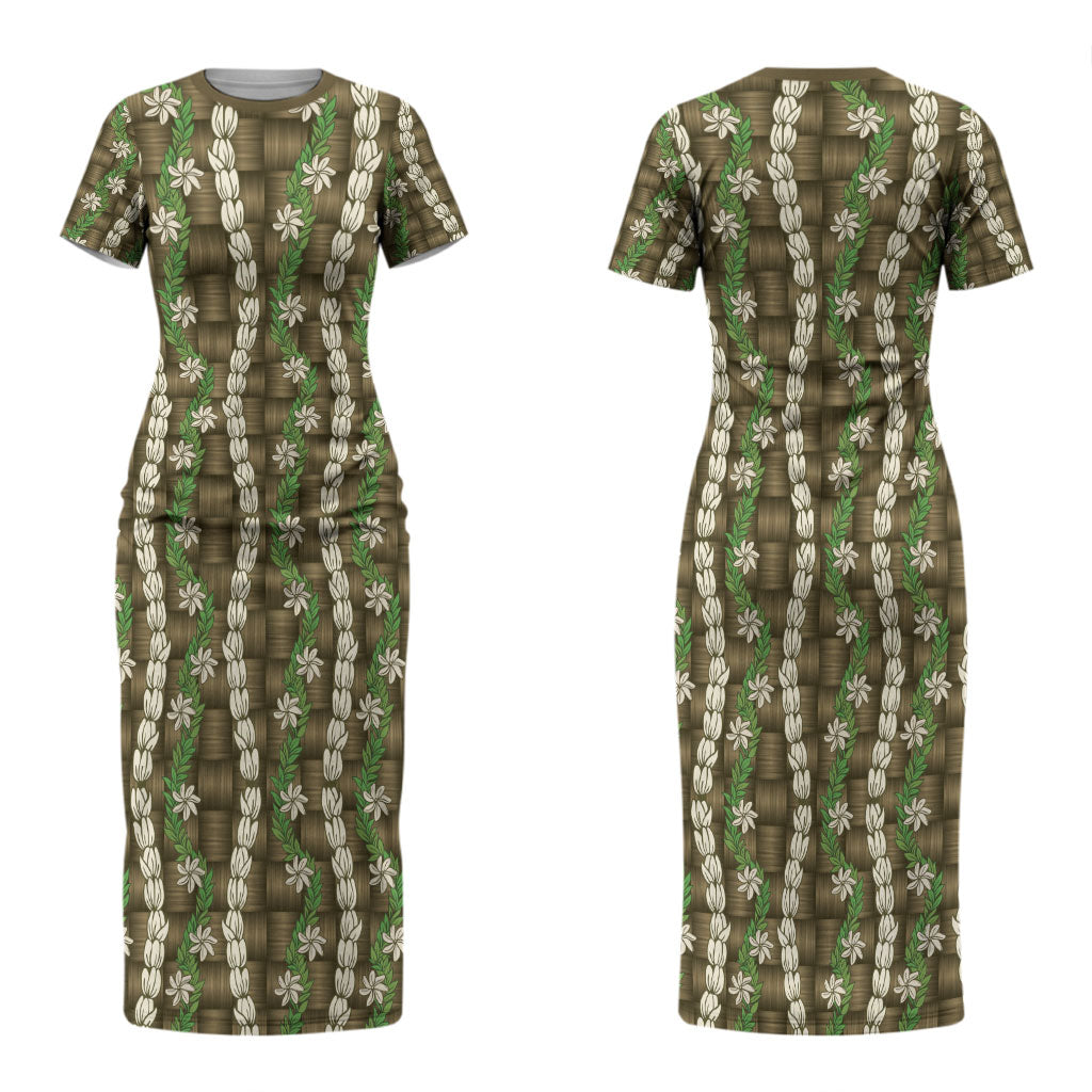 Pikake Maile Tiare Lei Couples Matching Short Sleeve Bodycon Dress and Long Sleeve Button Shirt Natural Lauhala Pattern LT01 - Polynesian Pride