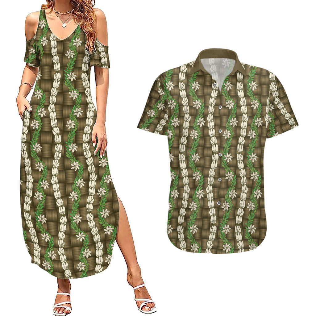 Pikake Maile Tiare Lei Couples Matching Summer Maxi Dress and Hawaiian Shirt Natural Lauhala Pattern