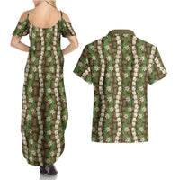 Pikake Maile Tiare Lei Couples Matching Summer Maxi Dress and Hawaiian Shirt Natural Lauhala Pattern