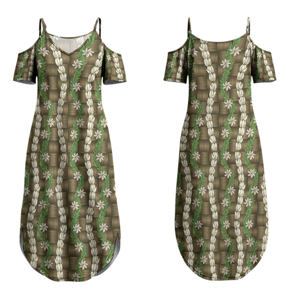 Pikake Maile Tiare Lei Couples Matching Summer Maxi Dress and Hawaiian Shirt Natural Lauhala Pattern LT01 - Polynesian Pride