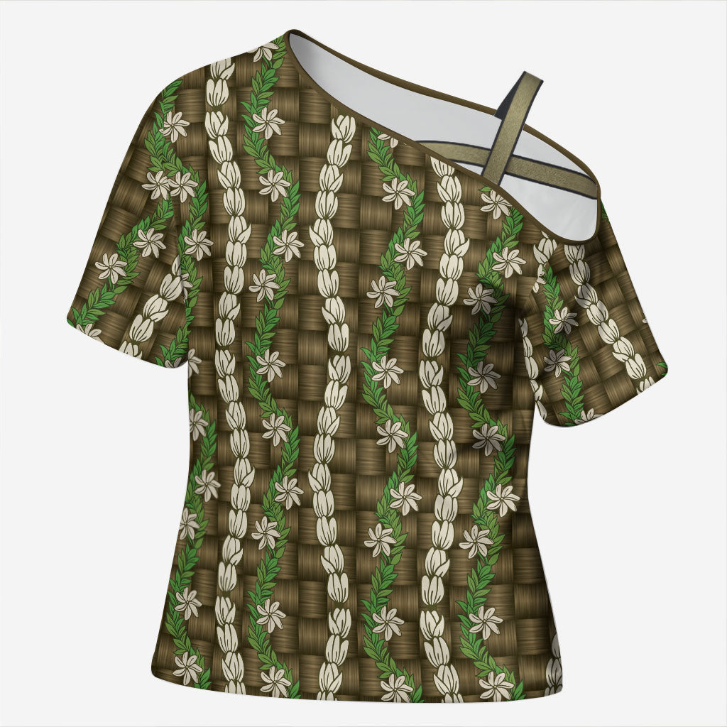 Pikake Maile Tiare Lei Cross Shoulder Shirt Natural Lauhala Pattern