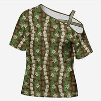 Pikake Maile Tiare Lei Cross Shoulder Shirt Natural Lauhala Pattern