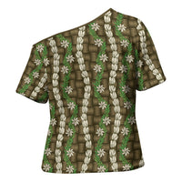 Pikake Maile Tiare Lei Cross Shoulder Shirt Natural Lauhala Pattern