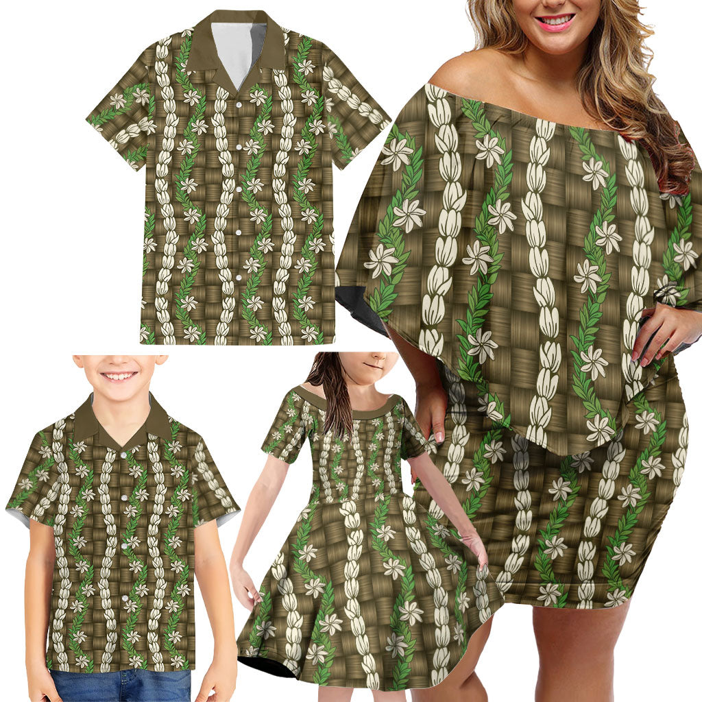 Pikake Maile Tiare Lei Family Matching Off Shoulder Short Dress and Hawaiian Shirt Natural Lauhala Pattern