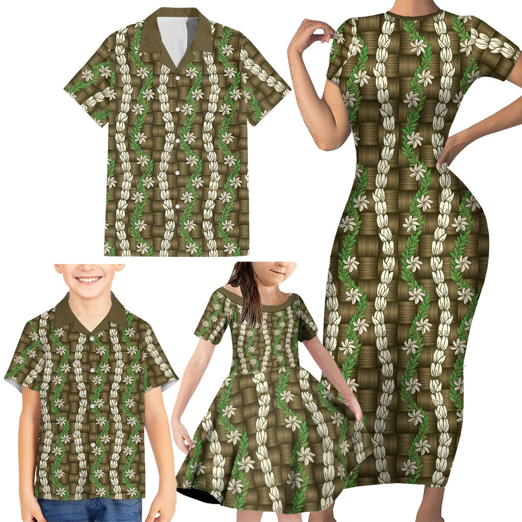 Pikake Maile Tiare Lei Family Matching Short Sleeve Bodycon Dress and Hawaiian Shirt Natural Lauhala Pattern LT01 - Polynesian Pride