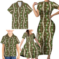 Pikake Maile Tiare Lei Family Matching Short Sleeve Bodycon Dress and Hawaiian Shirt Natural Lauhala Pattern