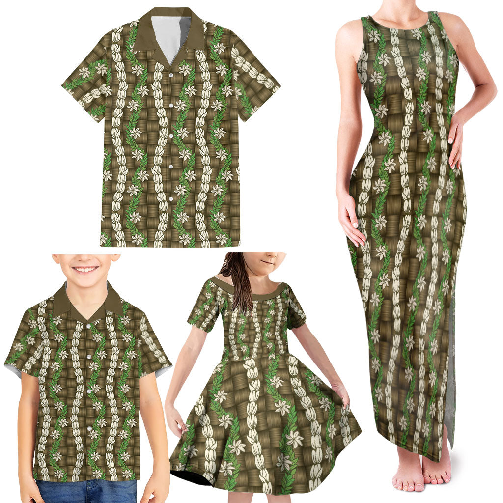 Pikake Maile Tiare Lei Family Matching Tank Maxi Dress and Hawaiian Shirt Natural Lauhala Pattern LT01 - Polynesian Pride