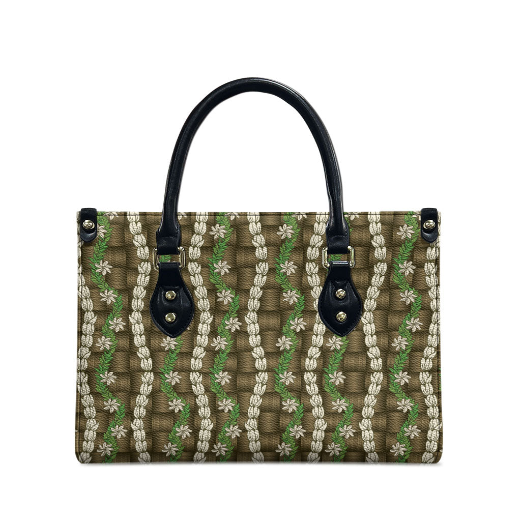 Pikake Maile Tiare Lei Leather Bag Natural Lauhala Pattern
