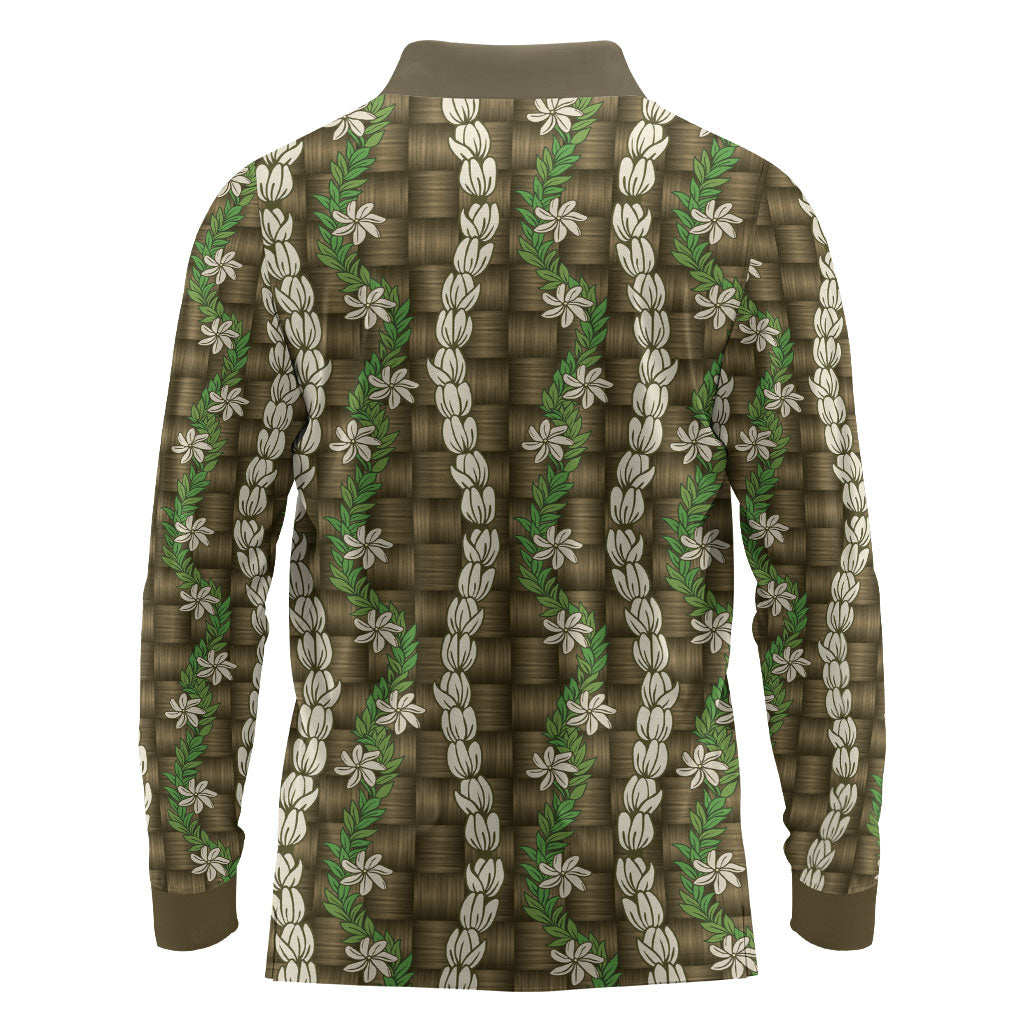 Pikake Maile Tiare Lei Long Sleeve Polo Shirt Natural Lauhala Pattern