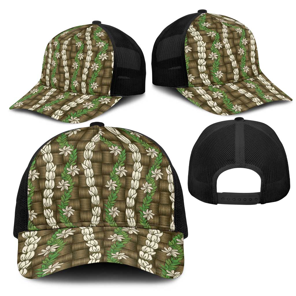 Pikake Maile Tiare Lei Mesh Trucker Cap Natural Lauhala Pattern