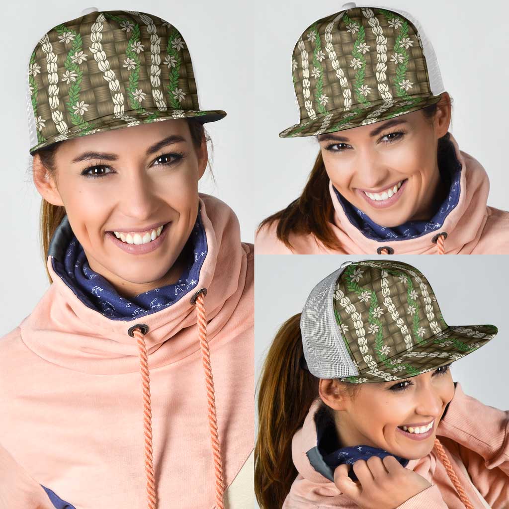 Pikake Maile Tiare Lei Mesh Trucker Cap Natural Lauhala Pattern