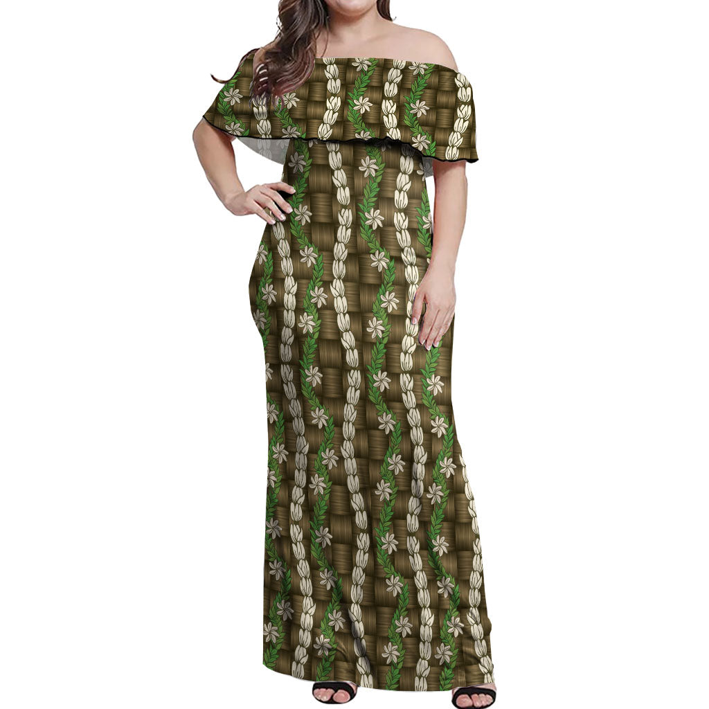 Pikake Maile Tiare Lei Off Shoulder Maxi Dress Natural Lauhala Pattern