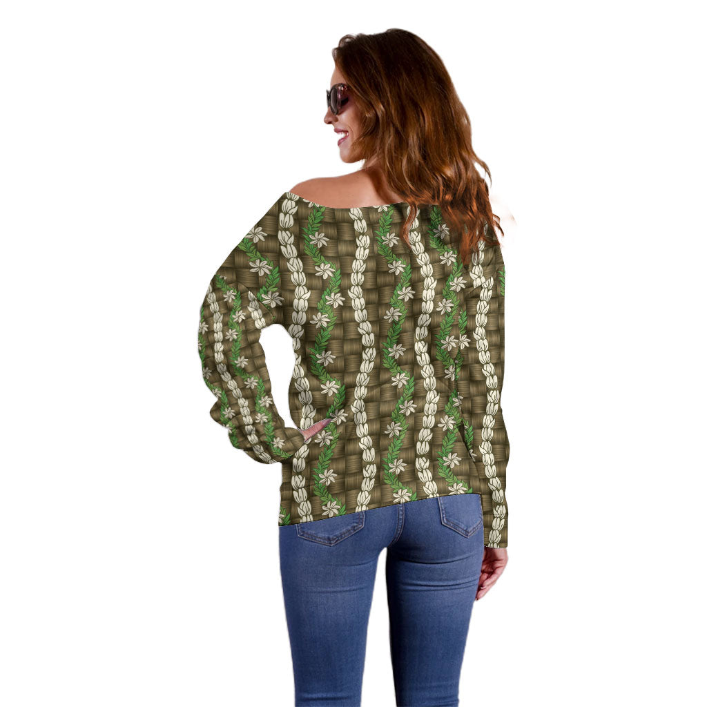 Pikake Maile Tiare Lei Off Shoulder Sweater Natural Lauhala Pattern