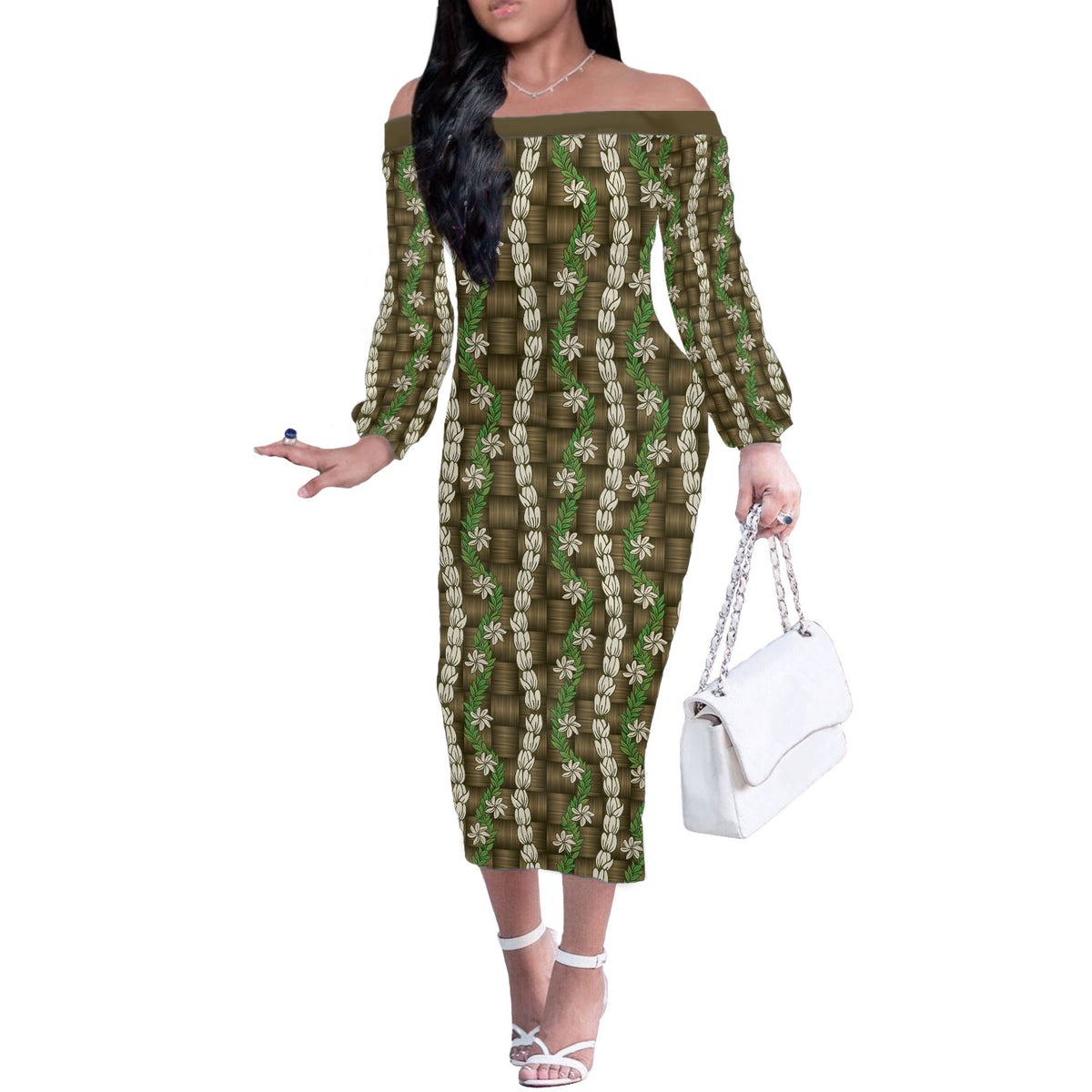 Pikake Maile Tiare Lei Off The Shoulder Long Sleeve Dress Natural Lauhala Pattern