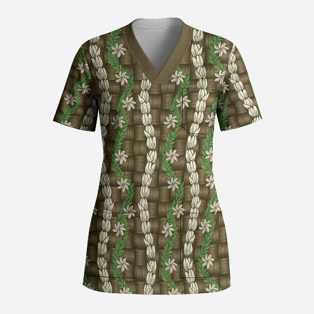 Pikake Maile Tiare Lei Scrub Top Natural Lauhala Pattern
