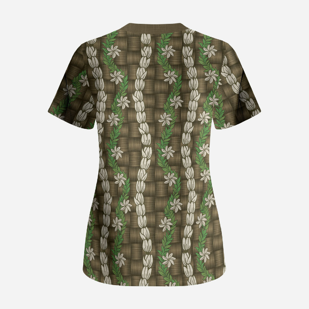 Pikake Maile Tiare Lei Scrub Top Natural Lauhala Pattern