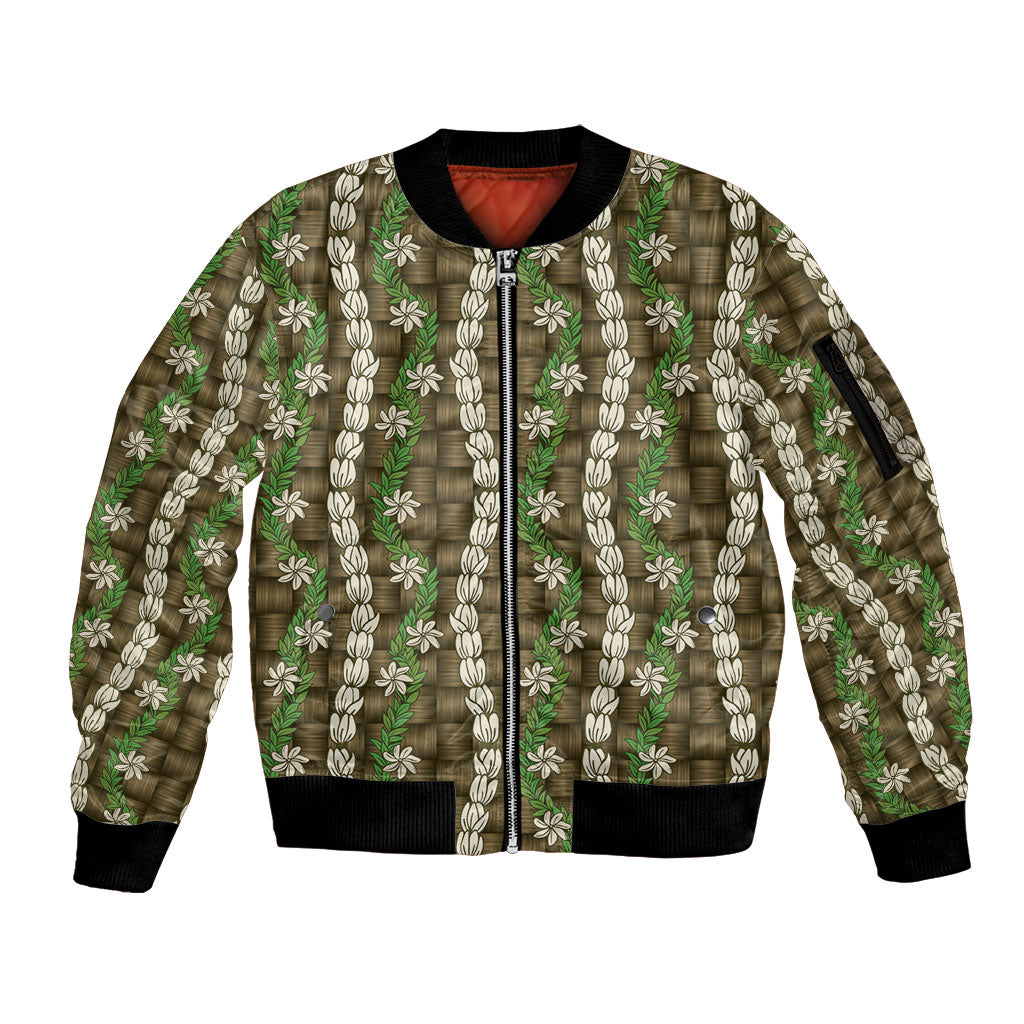 Pikake Maile Tiare Lei Sleeve Zip Bomber Jacket Natural Lauhala Pattern LT01 Unisex Brown - Polynesian Pride