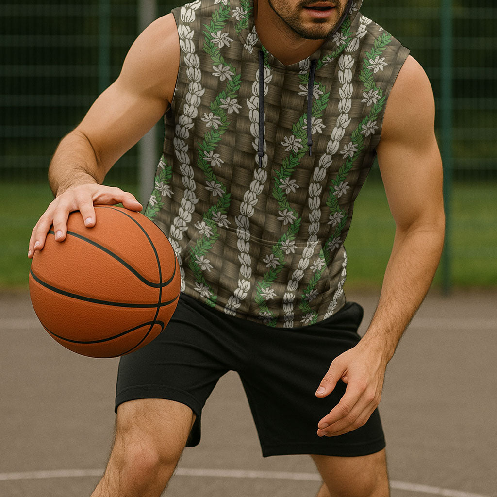 Pikake Maile Tiare Lei Sleeveless Hoodie Natural Lauhala Pattern