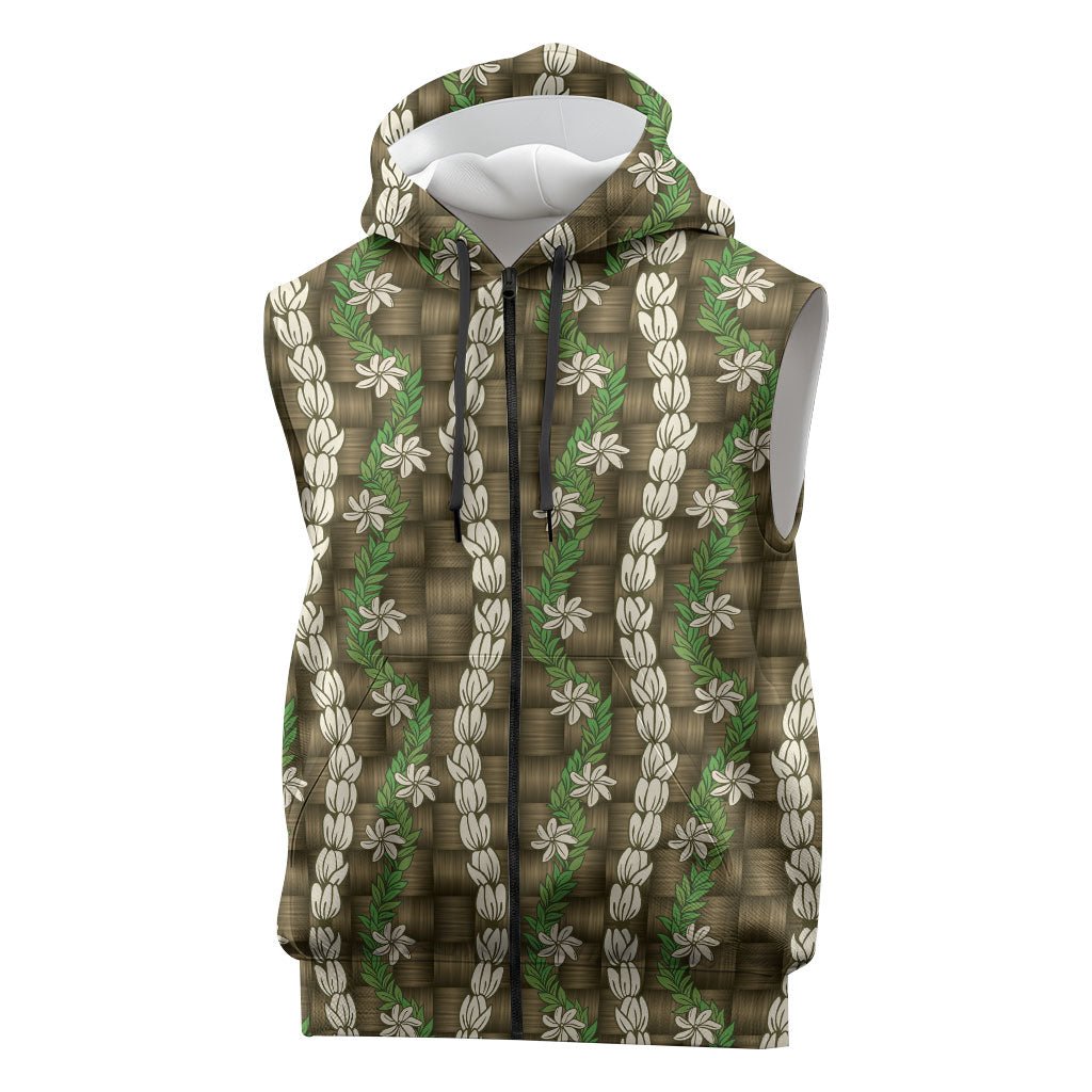 Pikake Maile Tiare Lei Sleeveless Zip Hoodie Natural Lauhala Pattern