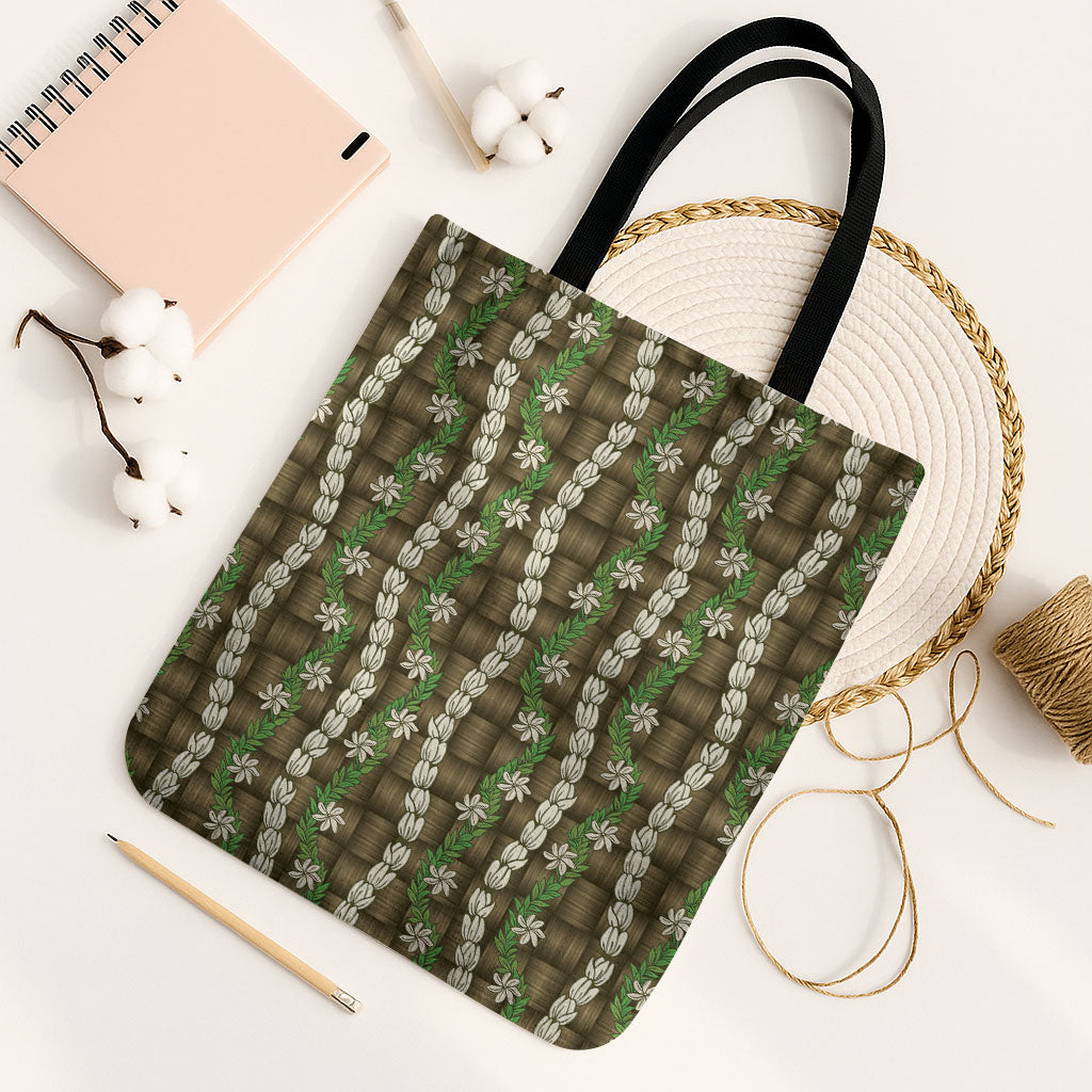 Pikake Maile Tiare Lei Tote Bag Natural Lauhala Pattern