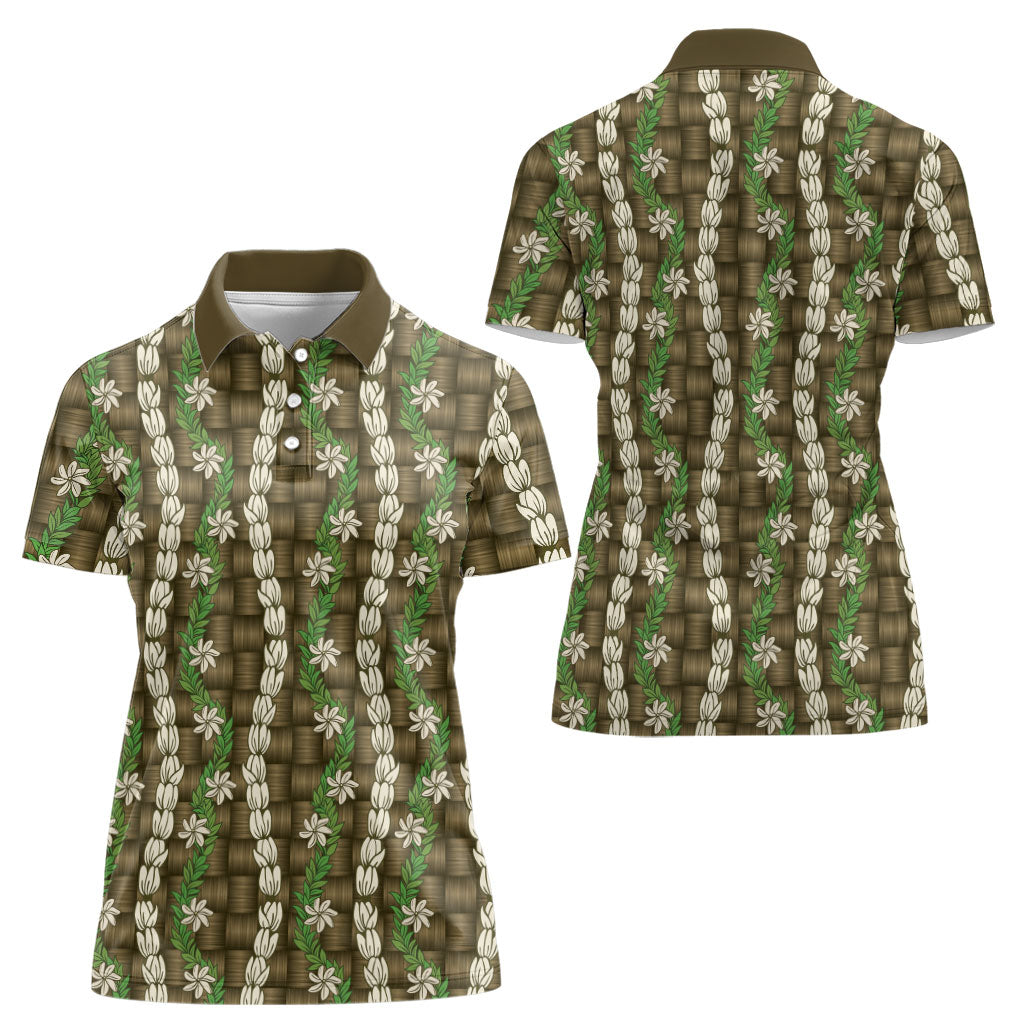 Pikake Maile Tiare Lei Women Polo Shirt Natural Lauhala Pattern