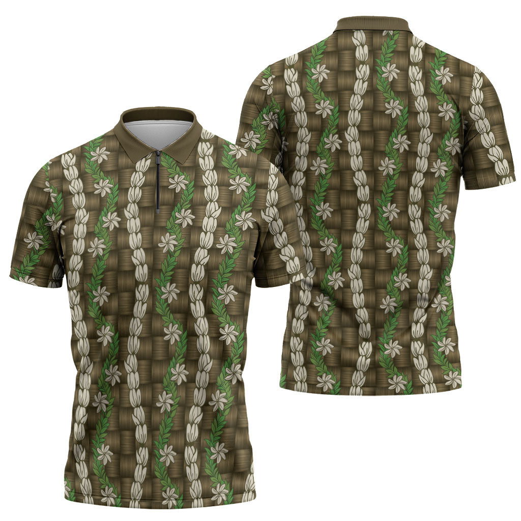 Pikake Maile Tiare Lei Zipper Polo Shirt Natural Lauhala Pattern
