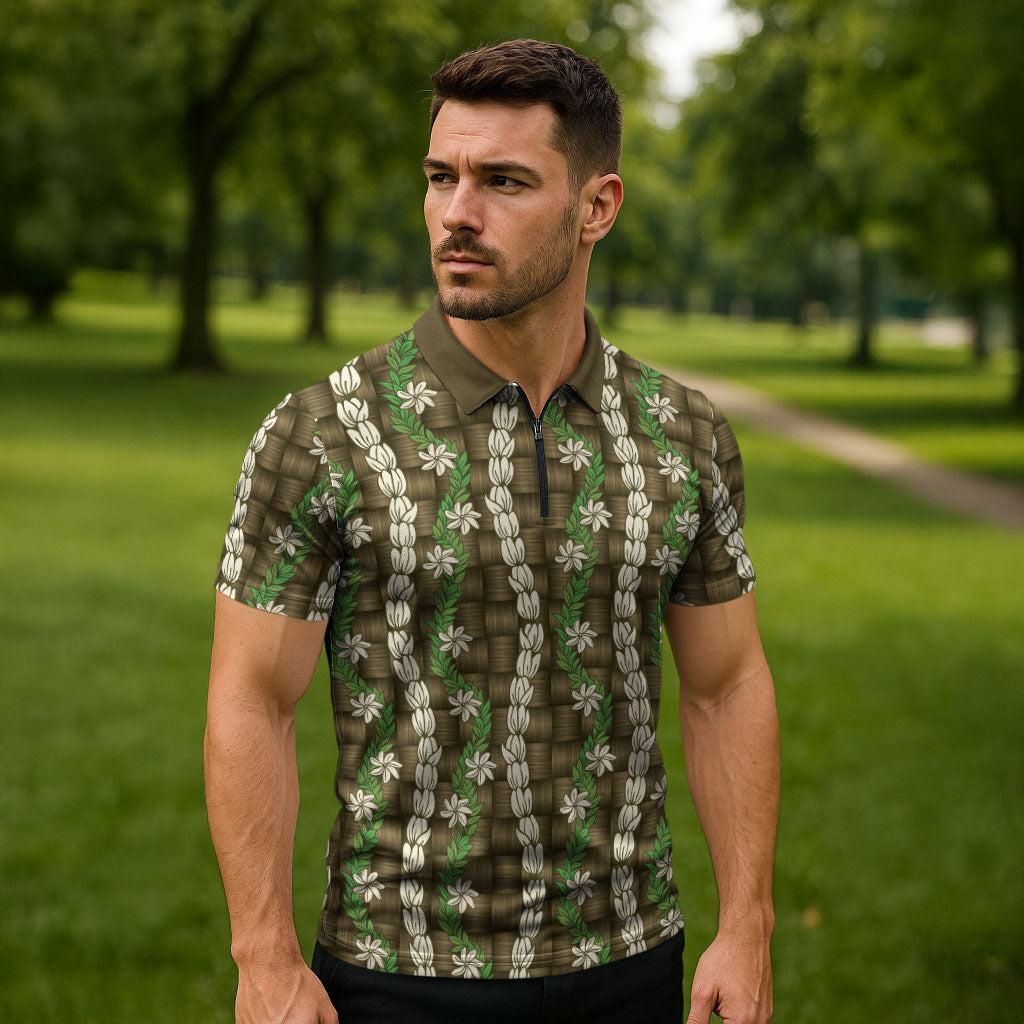 Pikake Maile Tiare Lei Zipper Polo Shirt Natural Lauhala Pattern