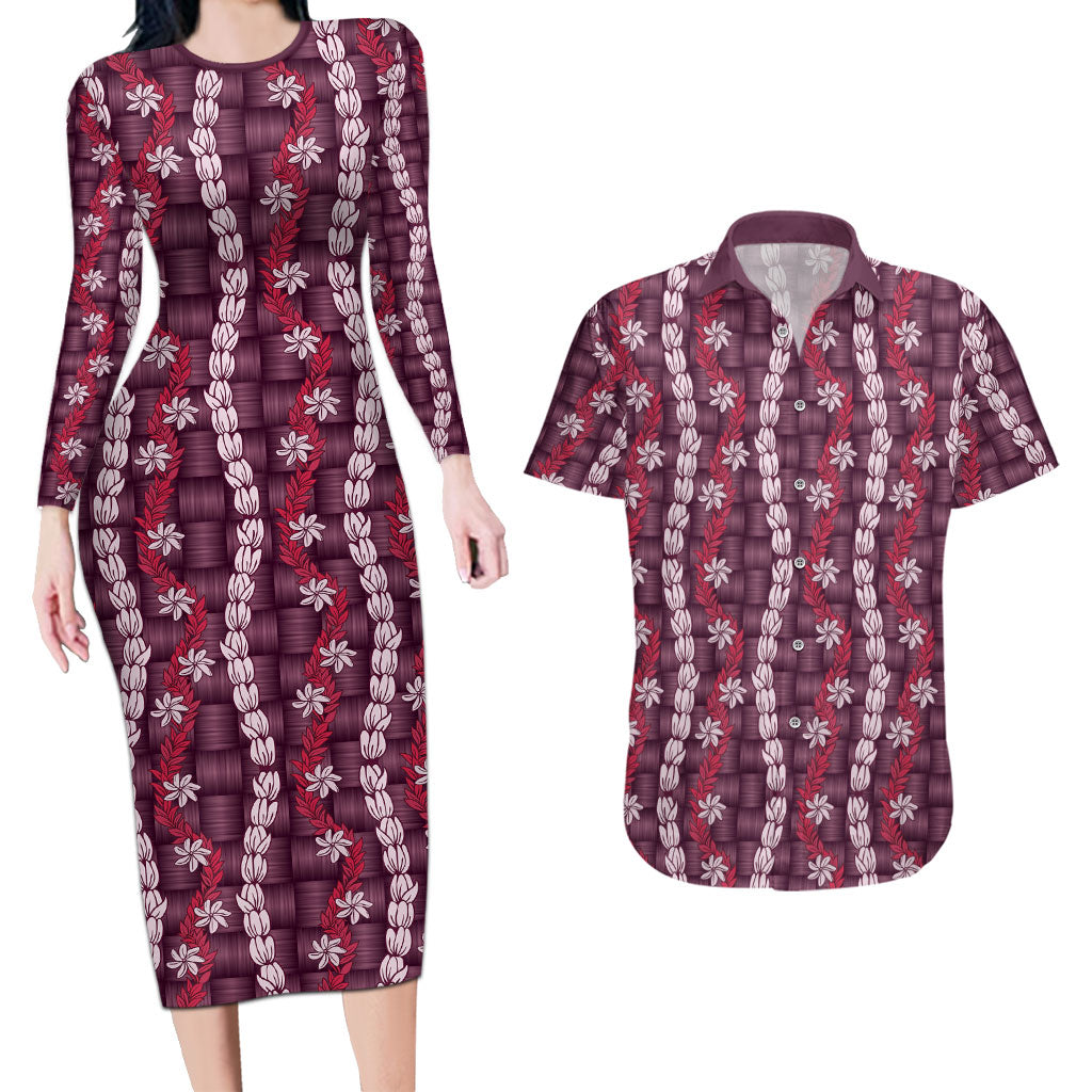 Pikake Maile Tiare Lei Couples Matching Long Sleeve Bodycon Dress and Hawaiian Shirt Akala Lauhala Pattern LT01 Pink - Polynesian Pride