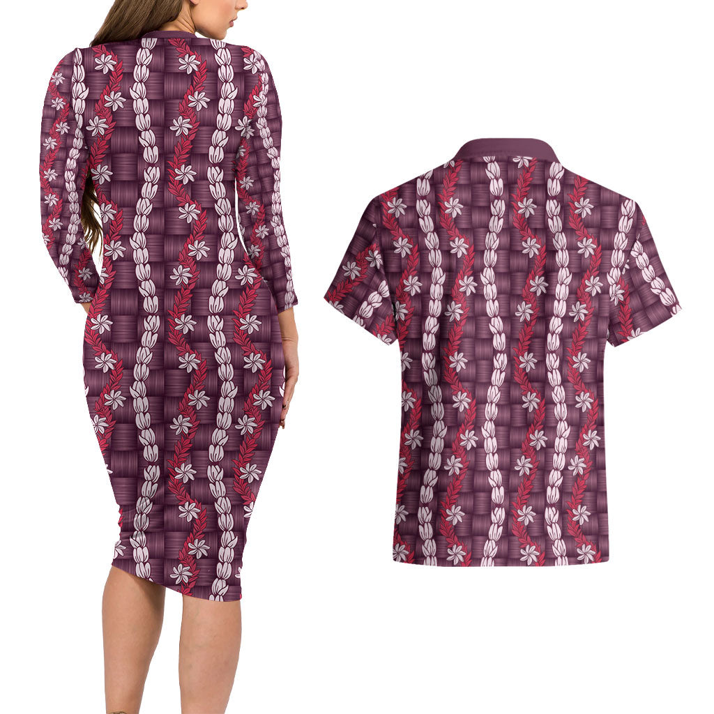 Pikake Maile Tiare Lei Couples Matching Long Sleeve Bodycon Dress and Hawaiian Shirt Akala Lauhala Pattern