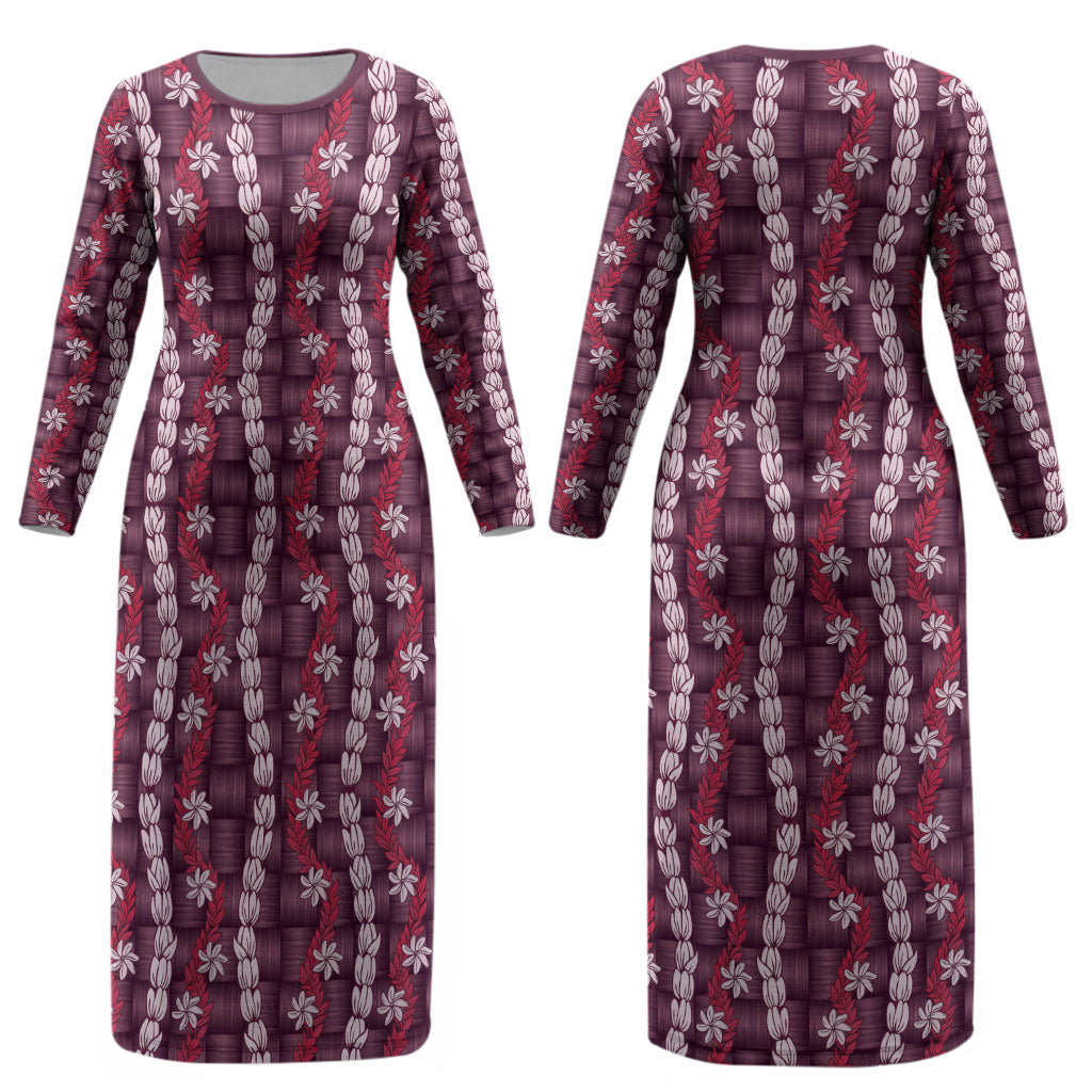 Pikake Maile Tiare Lei Couples Matching Long Sleeve Bodycon Dress and Hawaiian Shirt Akala Lauhala Pattern LT01 - Polynesian Pride