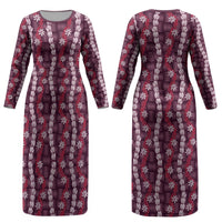 Pikake Maile Tiare Lei Couples Matching Long Sleeve Bodycon Dress and Hawaiian Shirt Akala Lauhala Pattern LT01 - Polynesian Pride