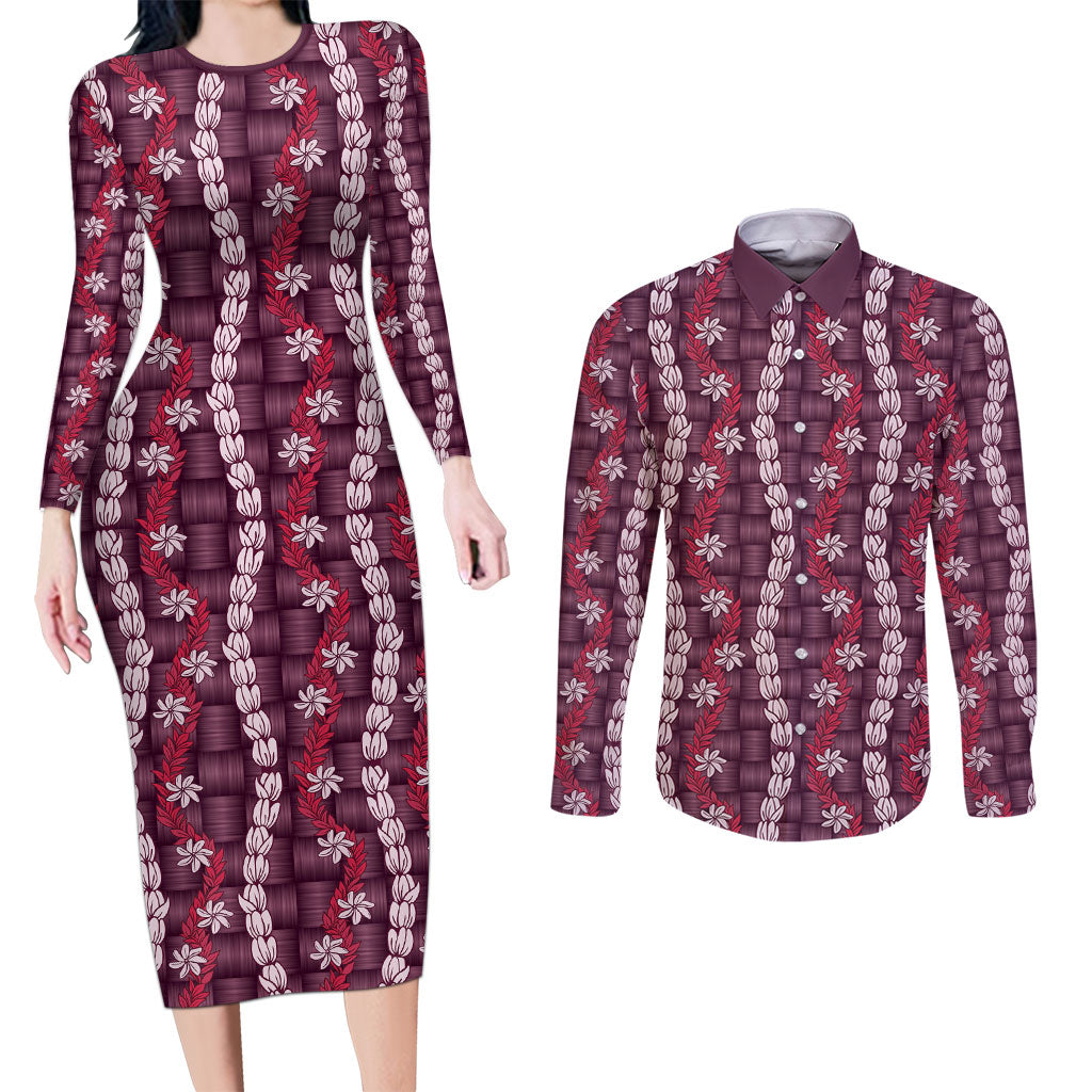 Pikake Maile Tiare Lei Couples Matching Long Sleeve Bodycon Dress and Long Sleeve Button Shirt Akala Lauhala Pattern LT01 Pink - Polynesian Pride