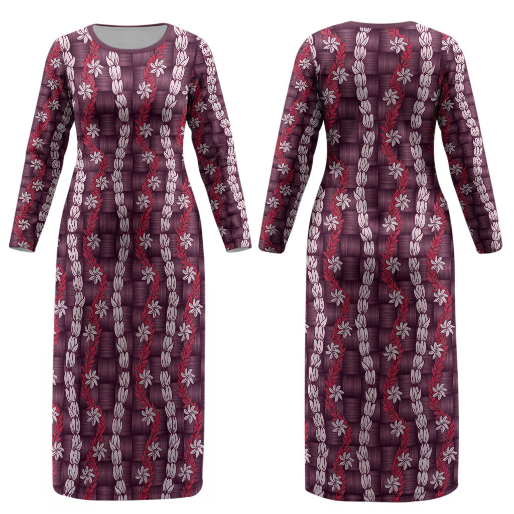 Pikake Maile Tiare Lei Couples Matching Long Sleeve Bodycon Dress and Long Sleeve Button Shirt Akala Lauhala Pattern LT01 - Polynesian Pride