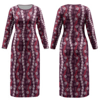 Pikake Maile Tiare Lei Couples Matching Long Sleeve Bodycon Dress and Long Sleeve Button Shirt Akala Lauhala Pattern LT01 - Polynesian Pride