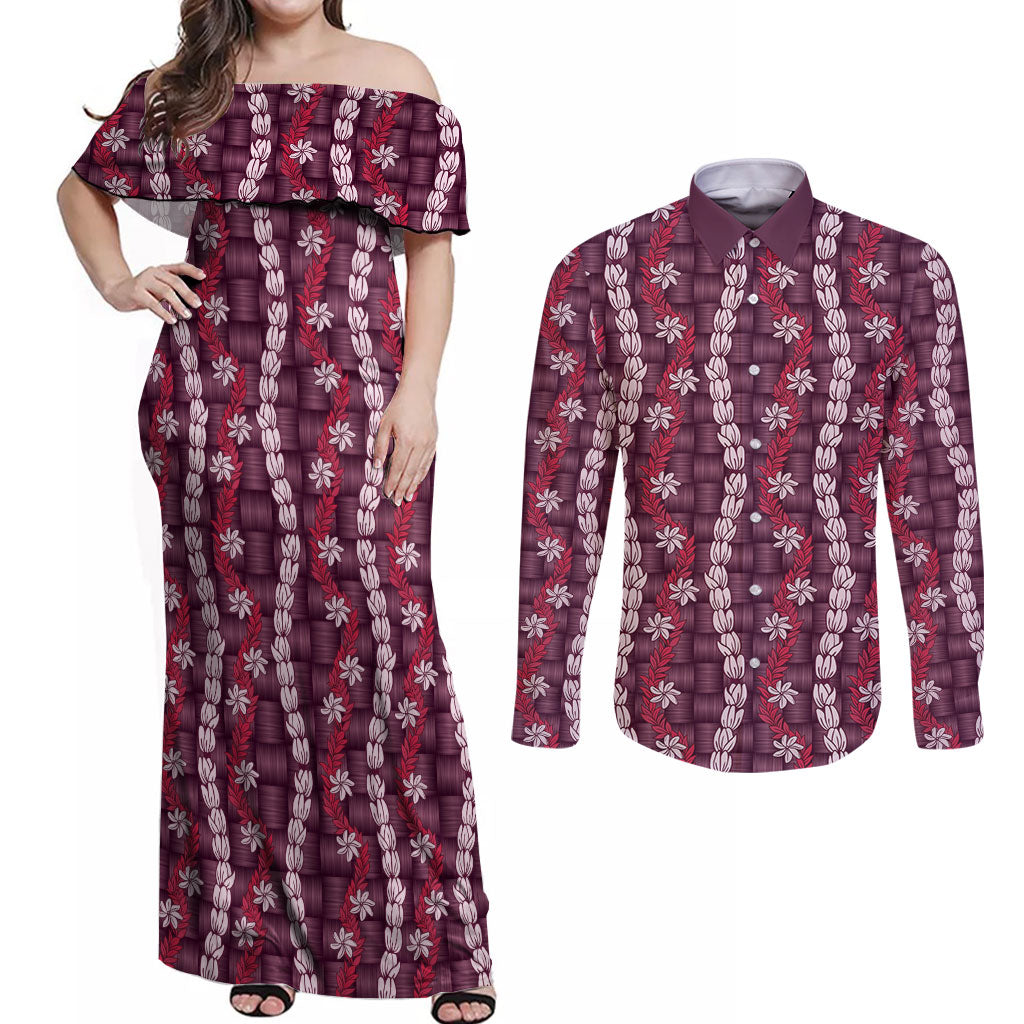 Pikake Maile Tiare Lei Couples Matching Off Shoulder Maxi Dress and Long Sleeve Button Shirt Akala Lauhala Pattern LT01 Pink - Polynesian Pride