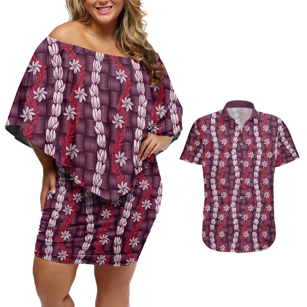 Pikake Maile Tiare Lei Couples Matching Off Shoulder Short Dress and Hawaiian Shirt Akala Lauhala Pattern LT01 Pink - Polynesian Pride