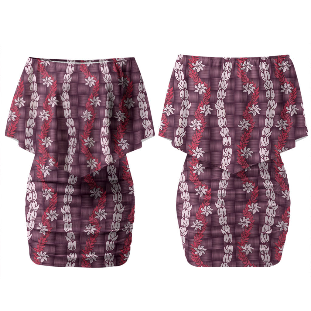 Pikake Maile Tiare Lei Couples Matching Off Shoulder Short Dress and Long Sleeve Button Shirt Akala Lauhala Pattern LT01 - Polynesian Pride