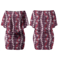 Pikake Maile Tiare Lei Couples Matching Off Shoulder Short Dress and Long Sleeve Button Shirt Akala Lauhala Pattern LT01 - Polynesian Pride