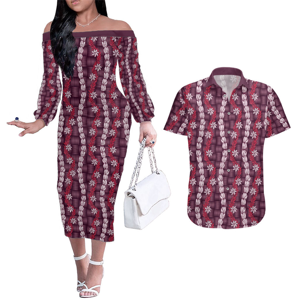 Pikake Maile Tiare Lei Couples Matching Off The Shoulder Long Sleeve Dress and Hawaiian Shirt Akala Lauhala Pattern LT01 Pink - Polynesian Pride