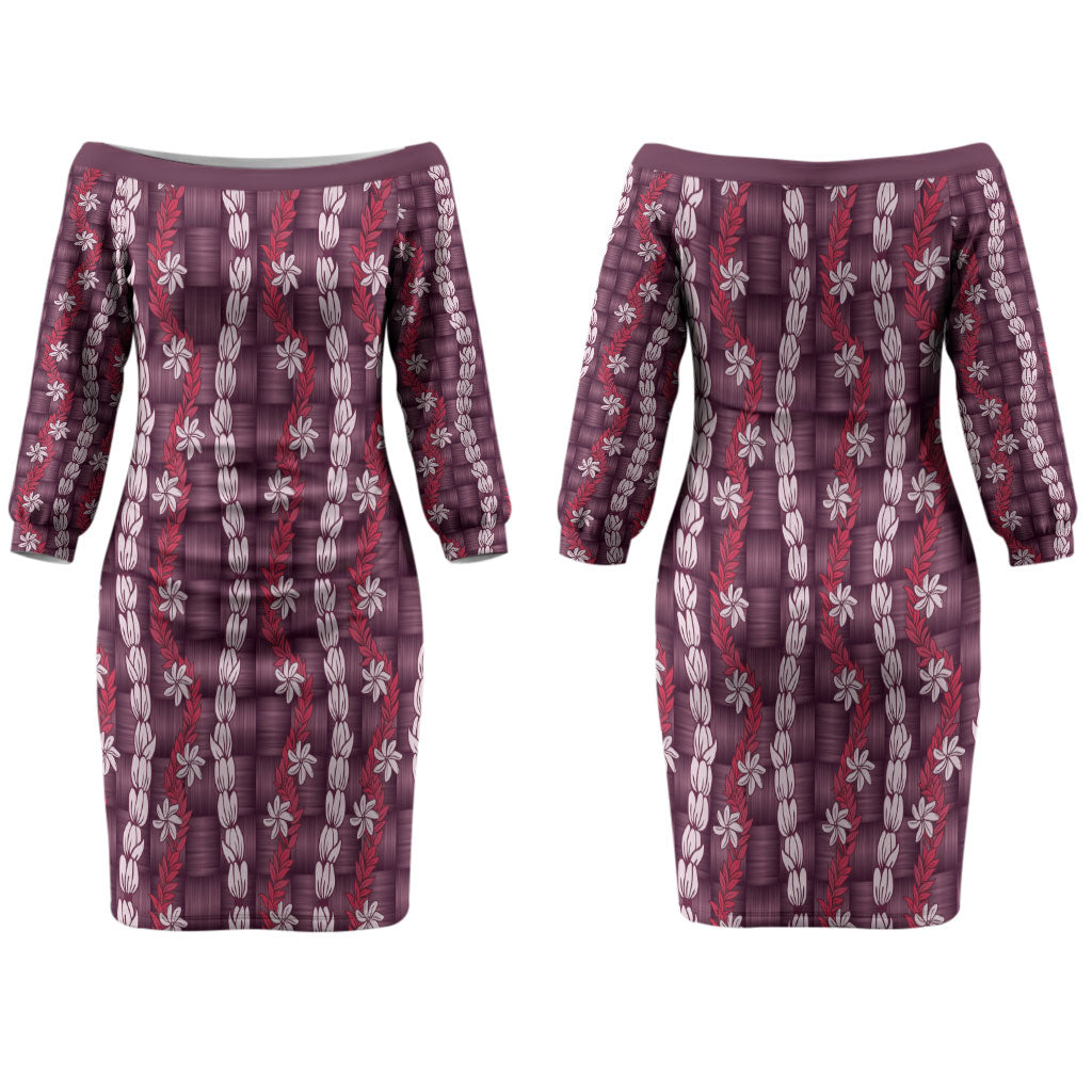 Pikake Maile Tiare Lei Couples Matching Off The Shoulder Long Sleeve Dress and Hawaiian Shirt Akala Lauhala Pattern LT01 - Polynesian Pride
