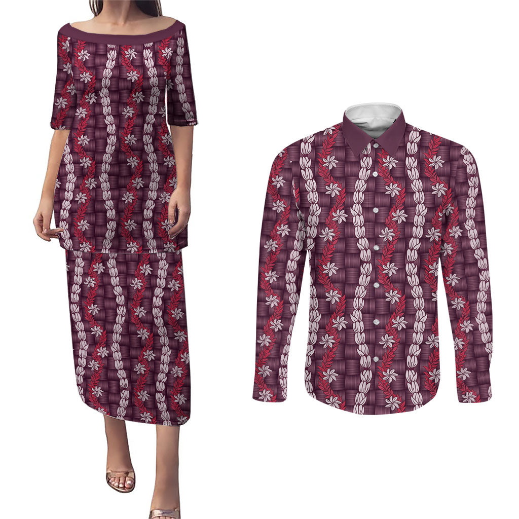Pikake Maile Tiare Lei Couples Matching Puletasi and Long Sleeve Button Shirt Akala Lauhala Pattern LT01 Pink - Polynesian Pride